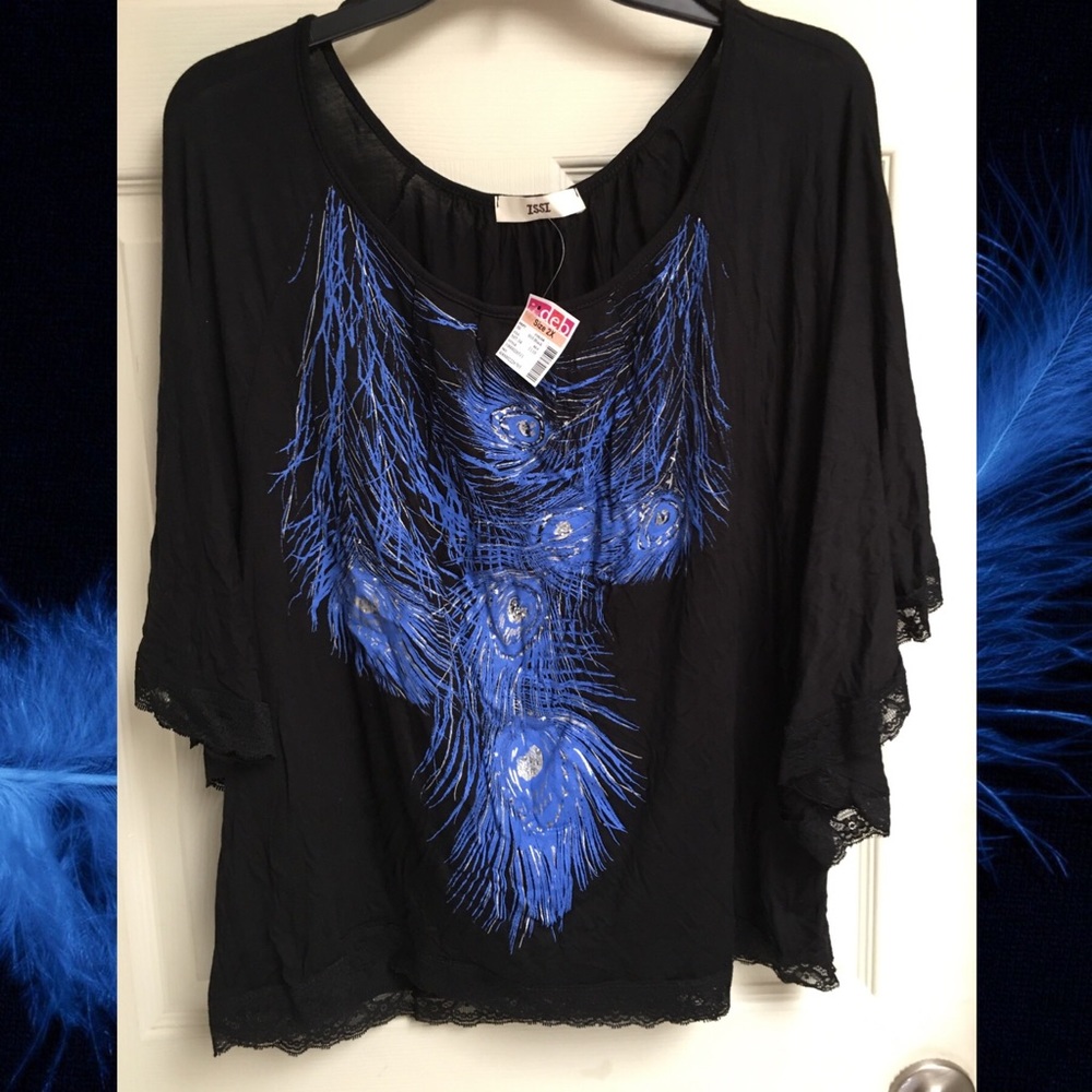Woman’s 2X black blouse with blue feathers